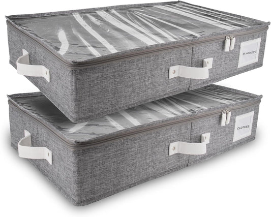 HOMELUX THEORY 2pc Under Bed Storage Containers, Bedroom Under the Bed Drawer Storage Organizer with Bins and Lids, Large Underbed Clothes Storage Box Ideal for Blanket, Fabric, & Shoes (LightGray)