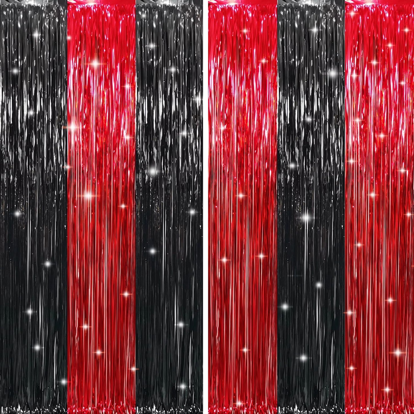 GOER 6.4 ft x 8.2 ft Metallic Tinsel Foil Fringe Curtains,Pack of 2 Party Streamer Backdrop for Birthday,Graduation Decorations and New Year Eve (Black&Red)