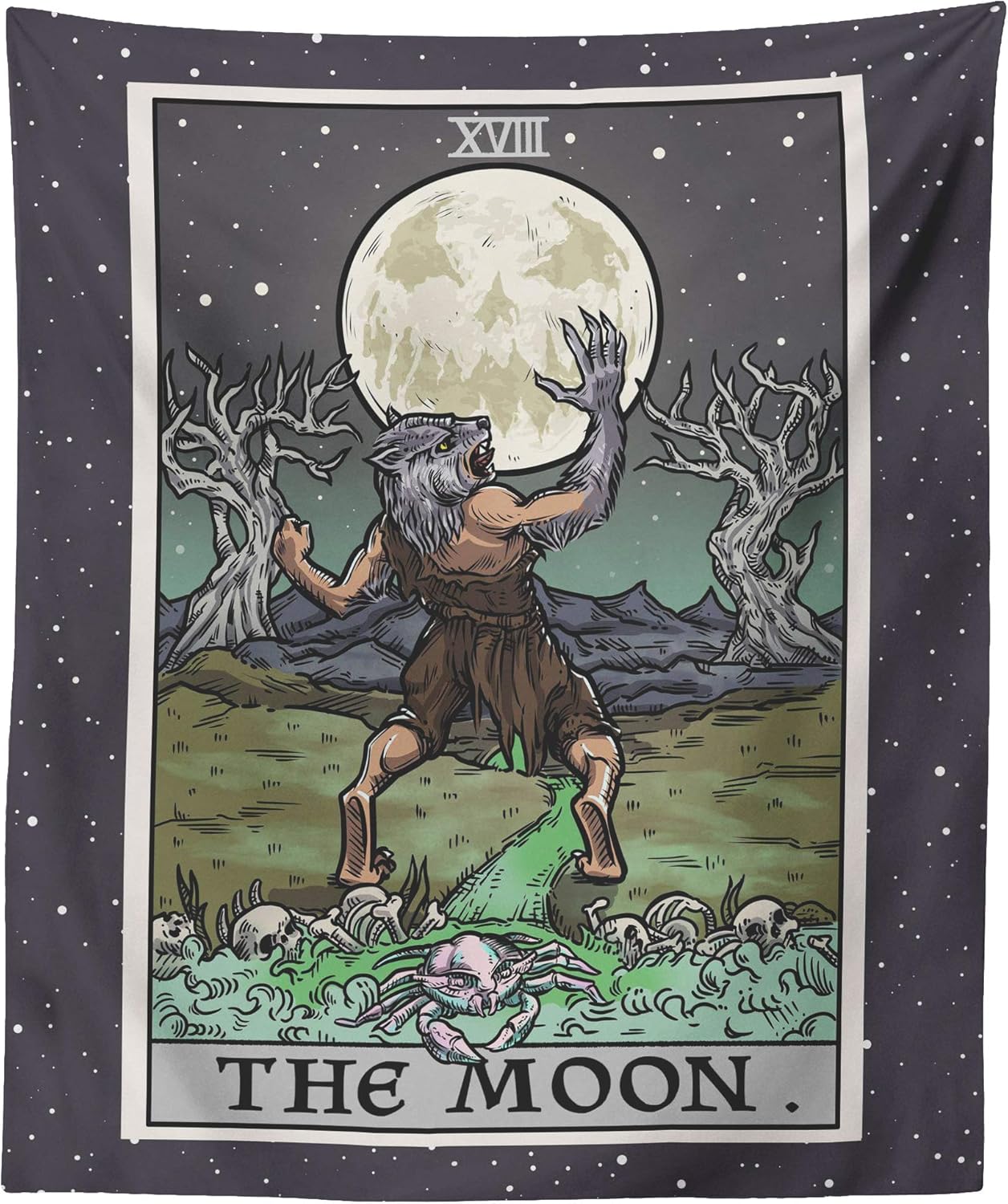 The Moon Tarot Card Tapestry - Werewolf - Gothic Halloween Home Decor Wall Hanging (60" x 50")