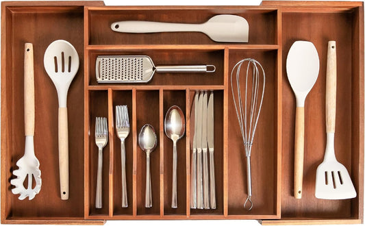 Premium Silverware, Flatware and Utensil Organizer for Kitchen Drawers, Food-Safe Contract Grade, Expandable from 16 to 28 In, Natural Acacia