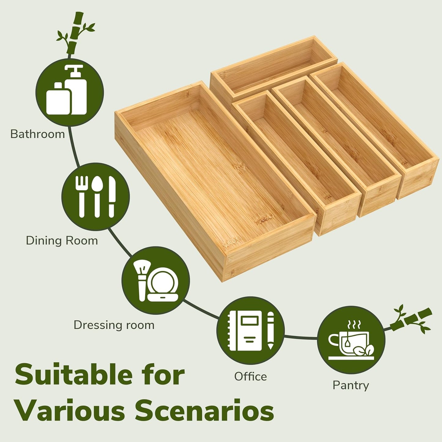 BAMEOS Utensil Drawer Organizer, 5 Slots Silverware Organizers for Kitchen Drawers, Bamboo Flatware Organizer for Knives Cutlery Spoons Forks (Natural)