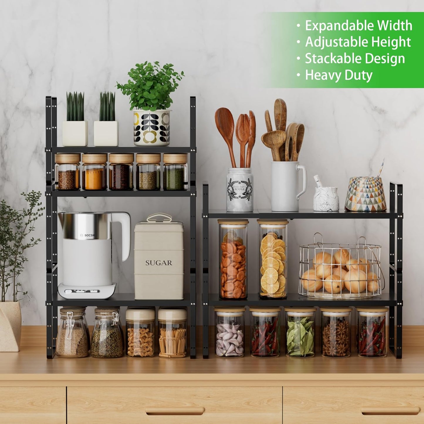 Expandable Cabinet Storage Shelf Stackable Organizer Rack for Kitchen Bathroom Pantry Spice Cupboard Countertop Home Office Desk Heavy Duty Nonslip Black Small 2 Pack