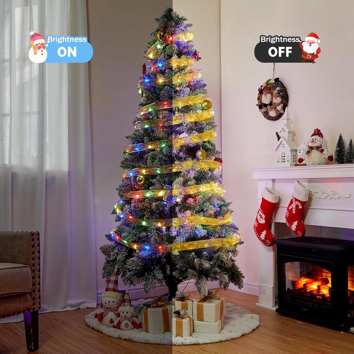 Christmas Tree Ribbon String Lights - 33ft 100 LED Battery Powered Fairy Lights with Timer and 8 Lighting Mode, Ribbon Bows Lights for 6ft - 8ft Christmas Tree New Year Decor, Gold Ribbon, Multi-color