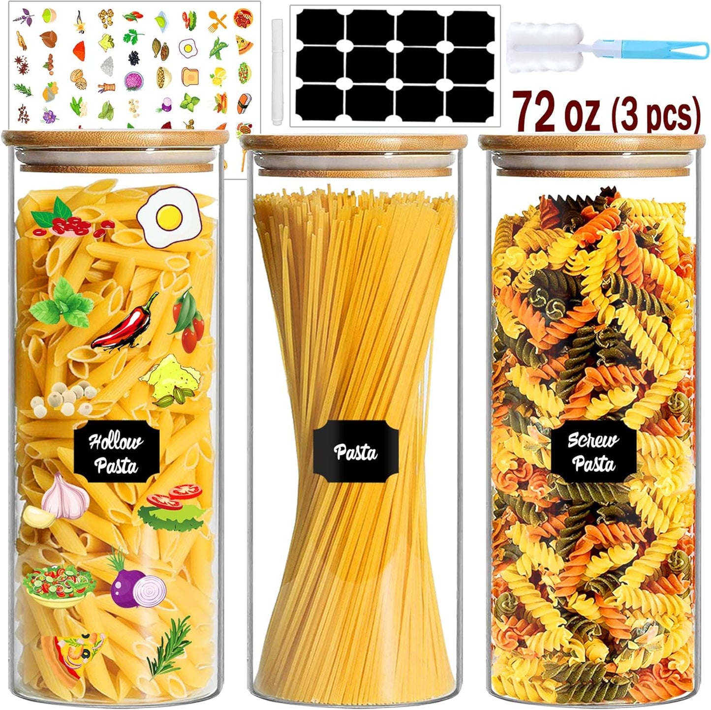 Glass Jars with Bamboo Lids, 72oz 3Pcs Kitchen Glass Containers with Bamboo Lids, Airtight Glass Pantry Storage Containers with Lids for Spaghetti, Pasta, Rice, Nuts, Flour, Bean, Dry Foods