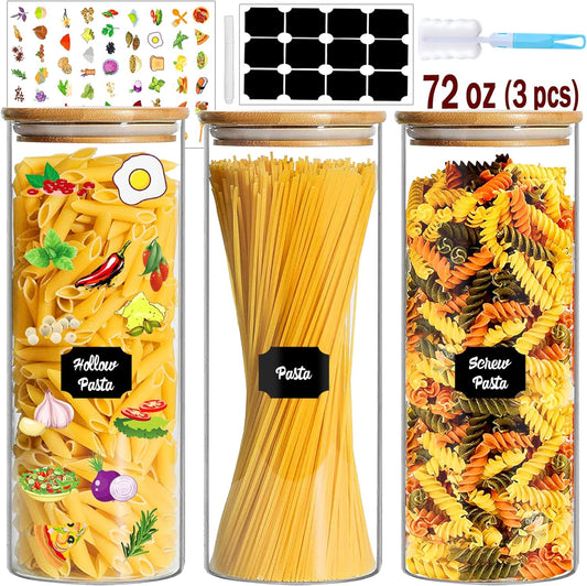 Glass Jars with Bamboo Lids, 72oz 3Pcs Kitchen Glass Containers with Bamboo Lids, Airtight Glass Pantry Storage Containers with Lids for Spaghetti, Pasta, Rice, Nuts, Flour, Bean, Dry Foods