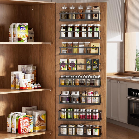 Over The Door Pantry Organizer, 8 Pack Spice Rack Wall Mounted & Hanging Storage Baskets Organizer Wall Mount, Large Capacity Metal Spice Shelf for Kitchen Cabinet, Bathroom, Shower, Home Decor