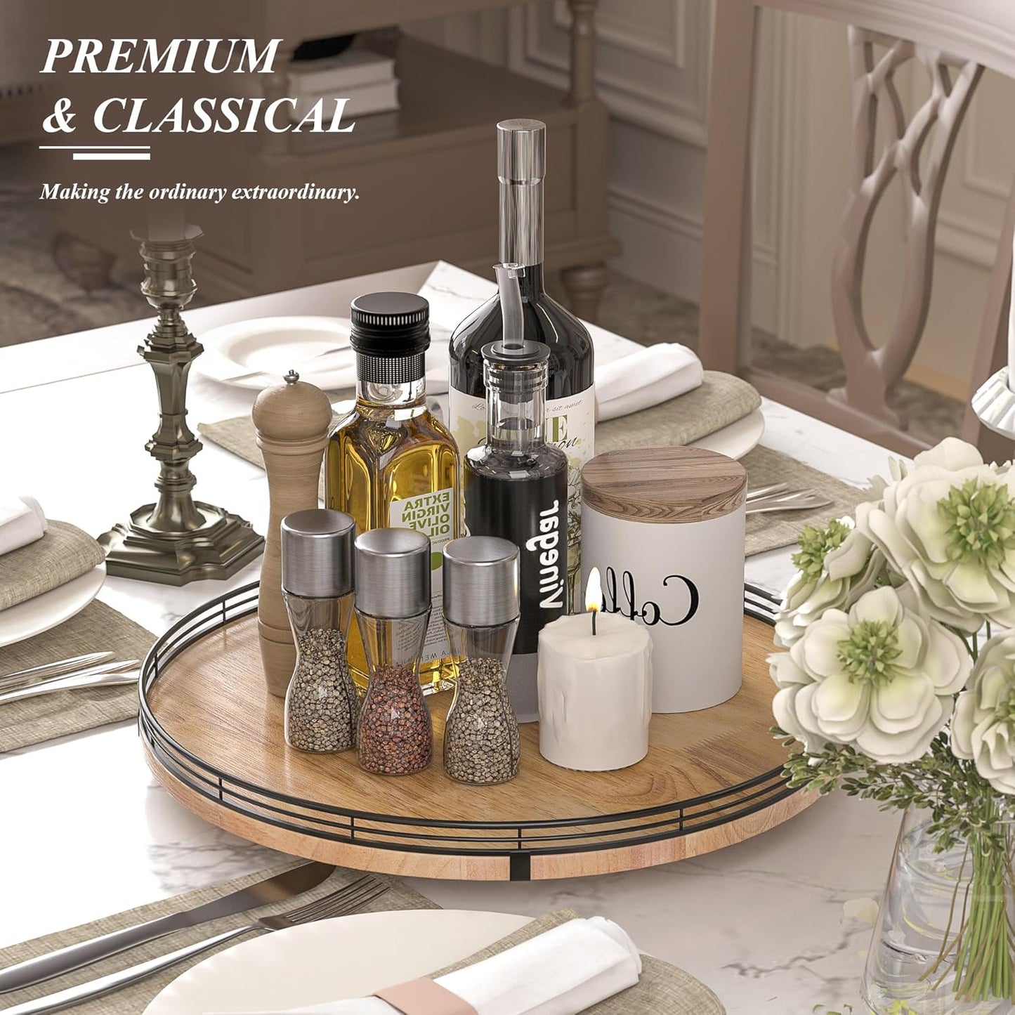 16" Lazy Susan Oak Wood Turntable Organizer for Cabinet, Farmhouse Round Wooden Large Lazy Susan Organization and Storage for Dining Table, Pantry, Kitchen, Bathroom, Countertop, Cupboard, Home Decor