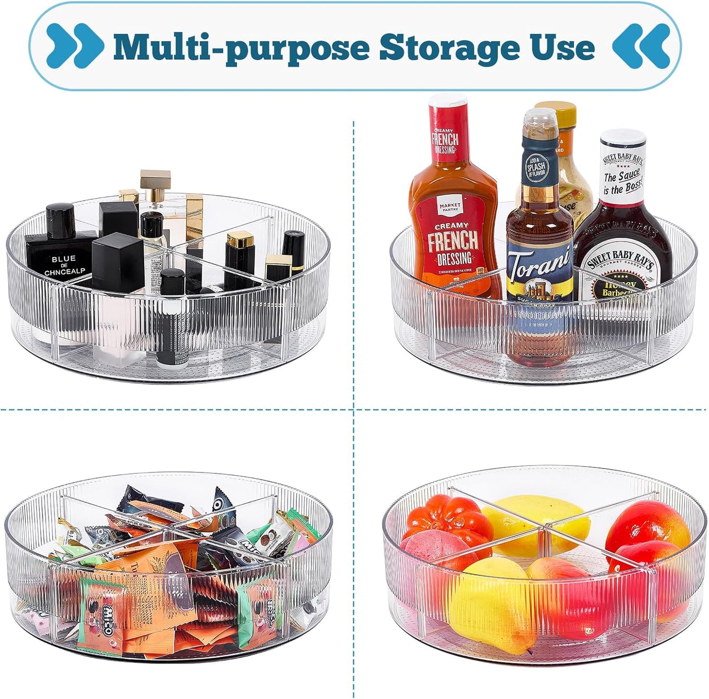 FreshKeeper Plastic Lazy Susan Organizer, Clear Pantry Lazy Susan Turntable for Cabinet and Kitchen 11’’ with Removable Dividers