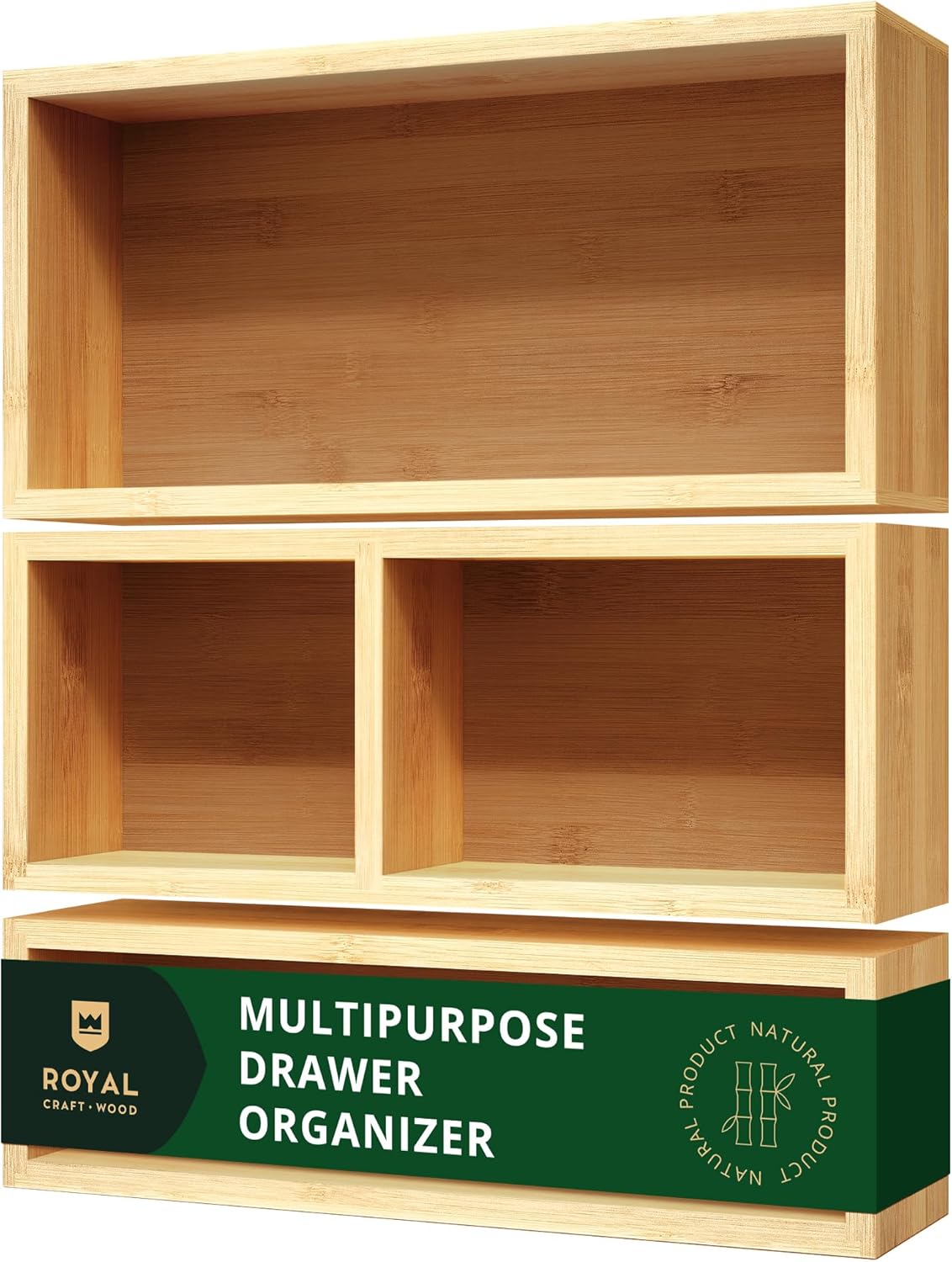 ROYAL CRAFT WOOD Luxury Bamboo Drawer Organizer Storage Box, Bin Set - Multi-Use Drawer Organizer for Kitchen, Bathroom, Office Desk, Makeup, Jewelry (3 Boxes)