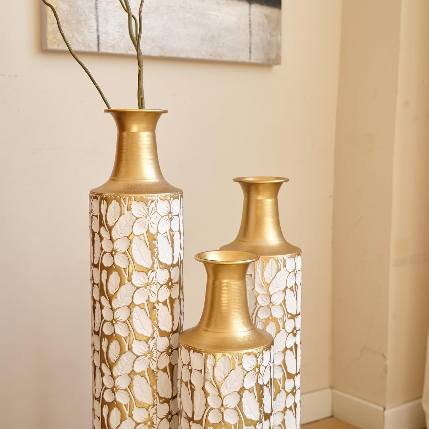 Medhansh Metal Floor Vase, Tall Floor Vase with Gold Twig Pattern, Antique White Finish (Set of 3)