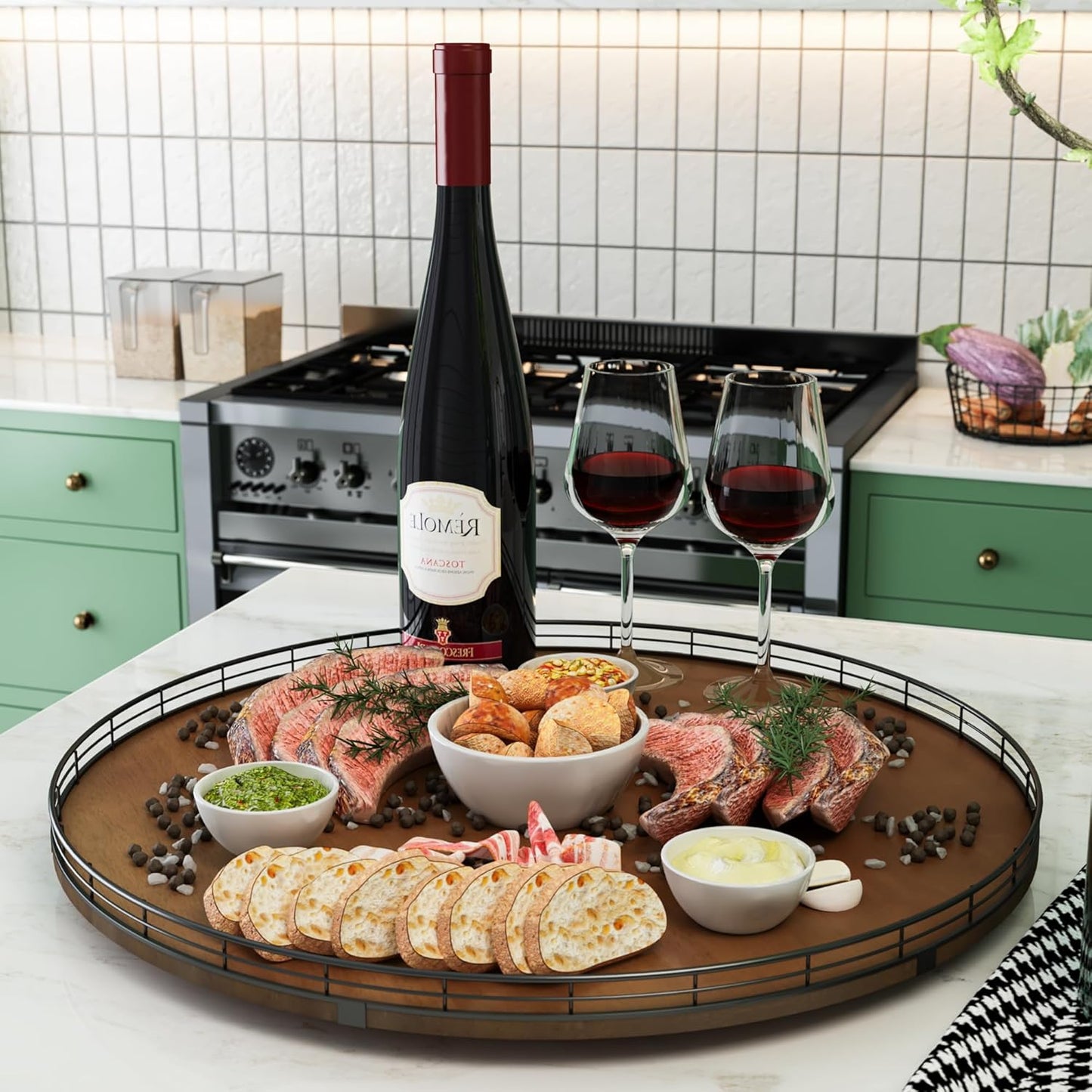 Farmhouse Oak 24" Lazy Susan Turntable Organizer for Cabinet, Round Wooden Lazy Susan Organization and Storage for Dining Table, Pantry, Kitchen, Countertop, Cupboard,Home Decor, Walnut