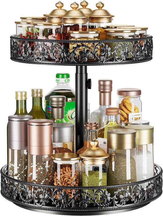 Two Tier Lazy Susan Organizer Turntable Height Adjustable, 2 Tier Lazy Susan 12 Inch Metal Easy Assembly, Spice Rack Organizer Rotating for Cabinet Dining Table Top Kitchen Countertop Black