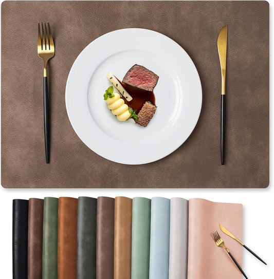 MOSAYT Vinyl Placemats Set of 4-12 X 17 Inch - Faux Leather 100% Waterproof Oil-Proof Wipeable PU Place Mats, Heat Resistant Reversible Table Mats for Kitchen, Dining, Outdoor (Brown)
