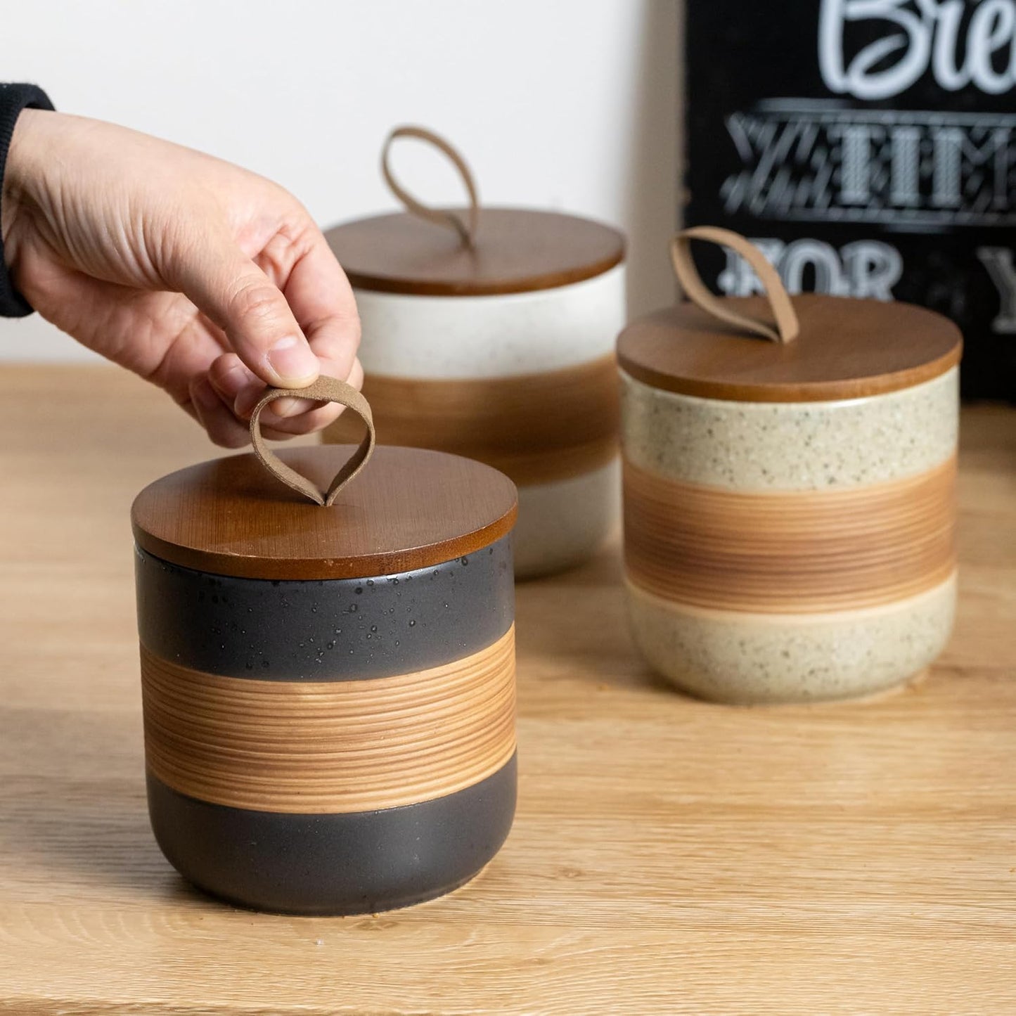 Small Ceramic Jar with Lid, Coffee Container Kitchen Food Storage Jars for Spice Sugar Tea Bag Matcha Container Airtight, Stacairtightkable Decorative Jars for Countertop, Black & 5oz