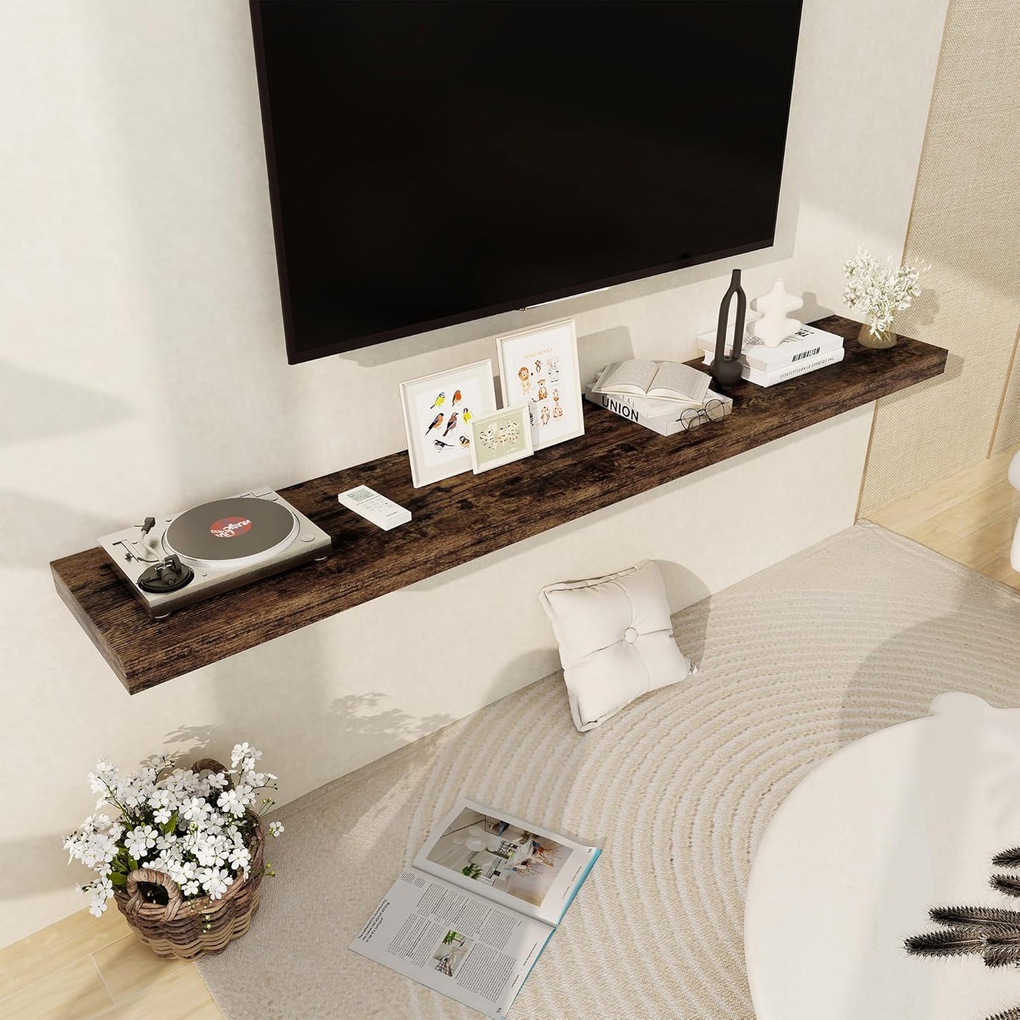 Fun Memories 72 Inch Floating Shelf, 12 Inch Deep Wall Shelf for Fireplace Mantel, Deep Storage Shelves for Home & Office, Wall Shelves with Invisible Bracket, Rustic Brown, Set of 1