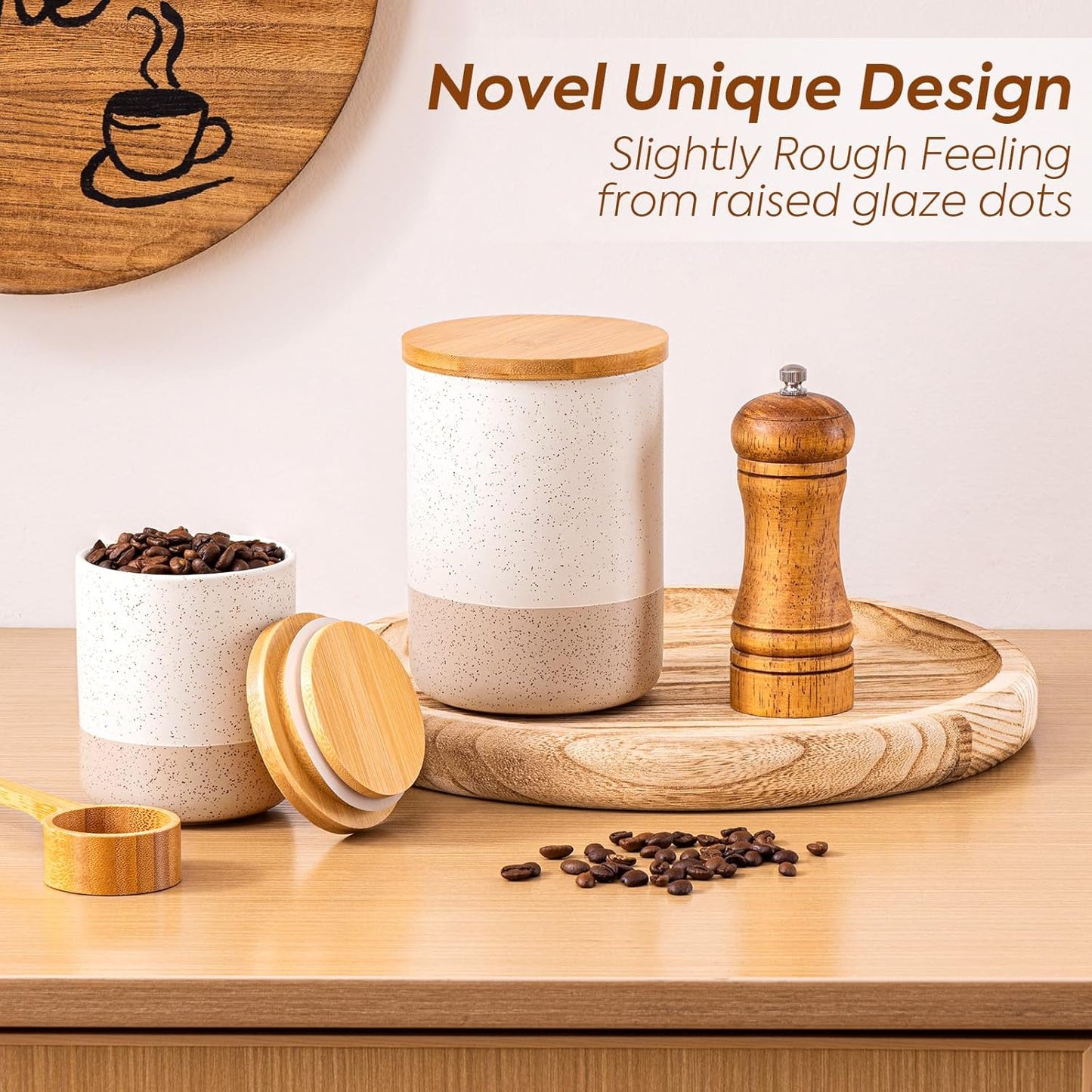 Yangbaga Canister Sets for Kitchen Counter, 20 OZ Large Ceramic Food Storage Jars with Airtight Wood Lids, Large Kitchen Canisters for Coffee, Sugar, Tea, Flour, Spice