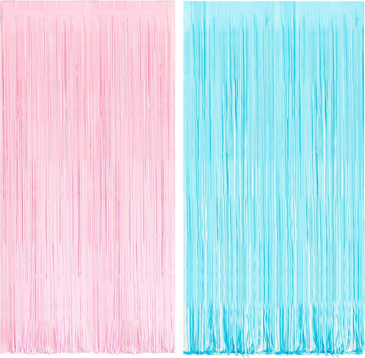BRAVESHINE Tinsel Photo Backdrop Curtains - 2 Pack 3.2x8.2ft Pastel Pink Blue Foil Fringe Streamer Curtain for Boy or Girl Birthdays Sweet Donuts Easter Party Decorations