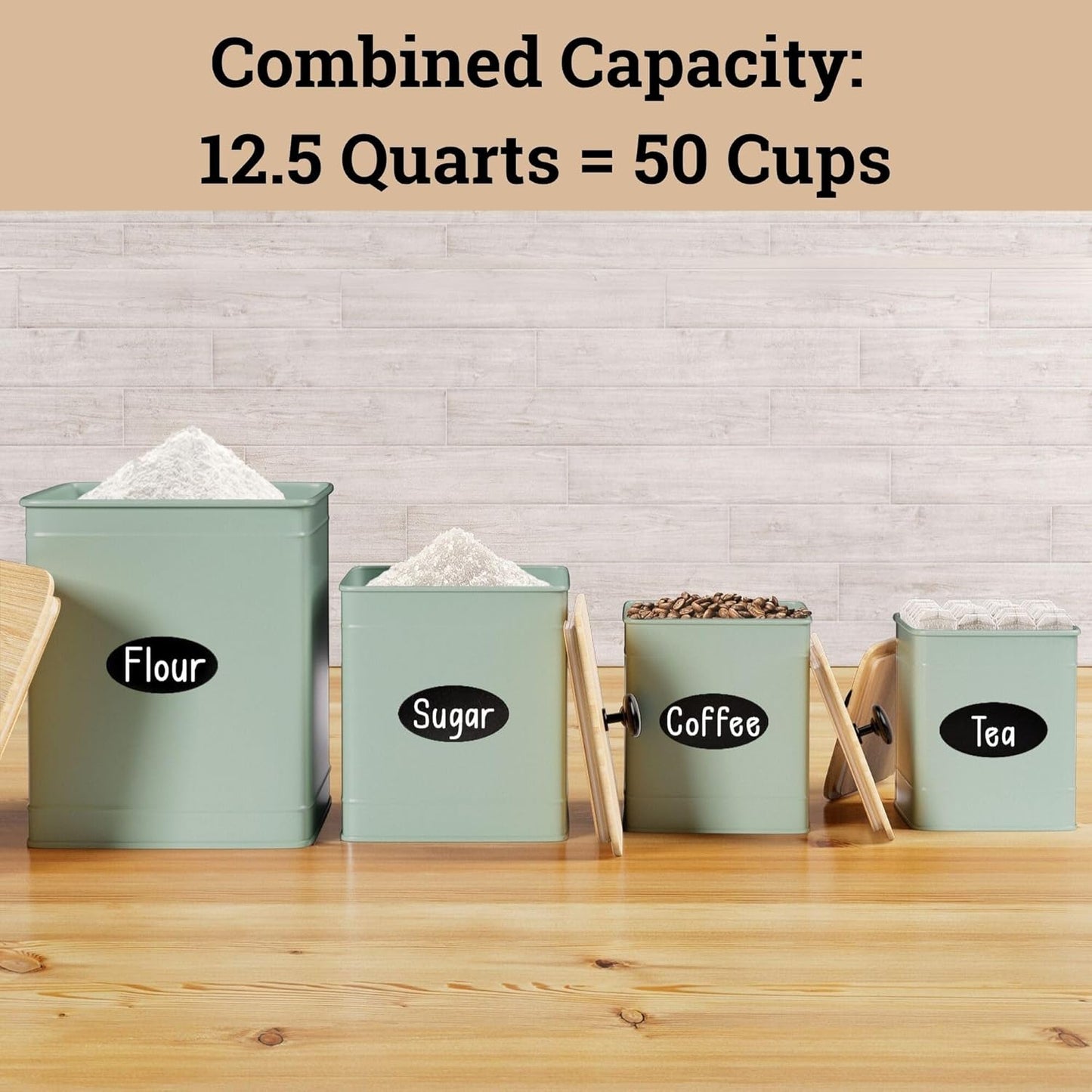 Kitchen Canisters for Countertop Set of 4 with Customizable Chalkboard Labels & Marker Pen - Big Iron Kitchen Canisters with Airtight Lids - Sage Green Canister Set - Flour and Sugar Containers