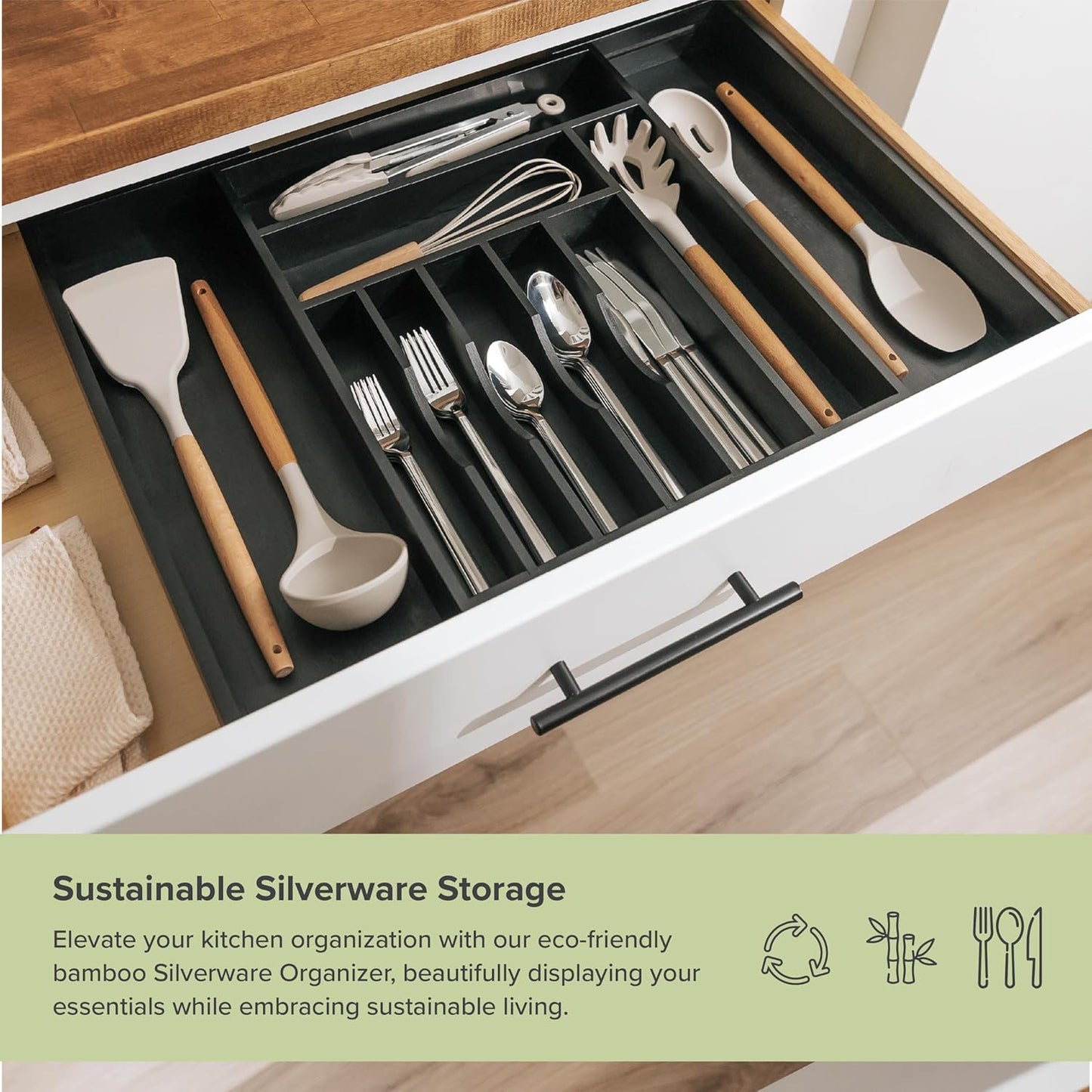 Premium Silverware, Flatware and Utensil Organizer for Kitchen Drawers, Food-Safe Contract Grade, Expandable from 14.5 to 25 In, Black Bamboo
