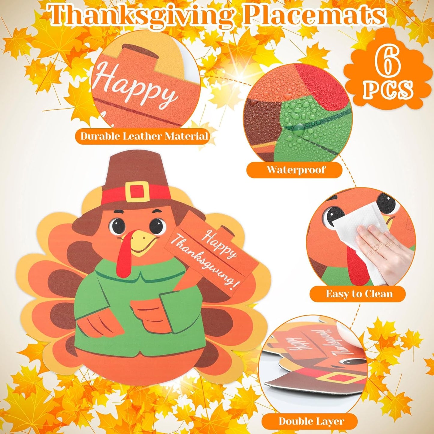 Remerry 6 Pcs Thanksgiving Leather Table Placemats Washable Turkey Table Mats Turkey Gobble Placemats Easy to Clean Thanksgiving Day Leather Place Mats for Fall Harvest Party Kitchen Dining Decoration