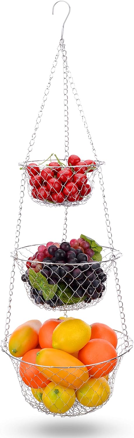 IBERG 3-Tier Fruit Basket Hanging Baskets for Storage - Kitchen Bathroom Organizer (Chrome)