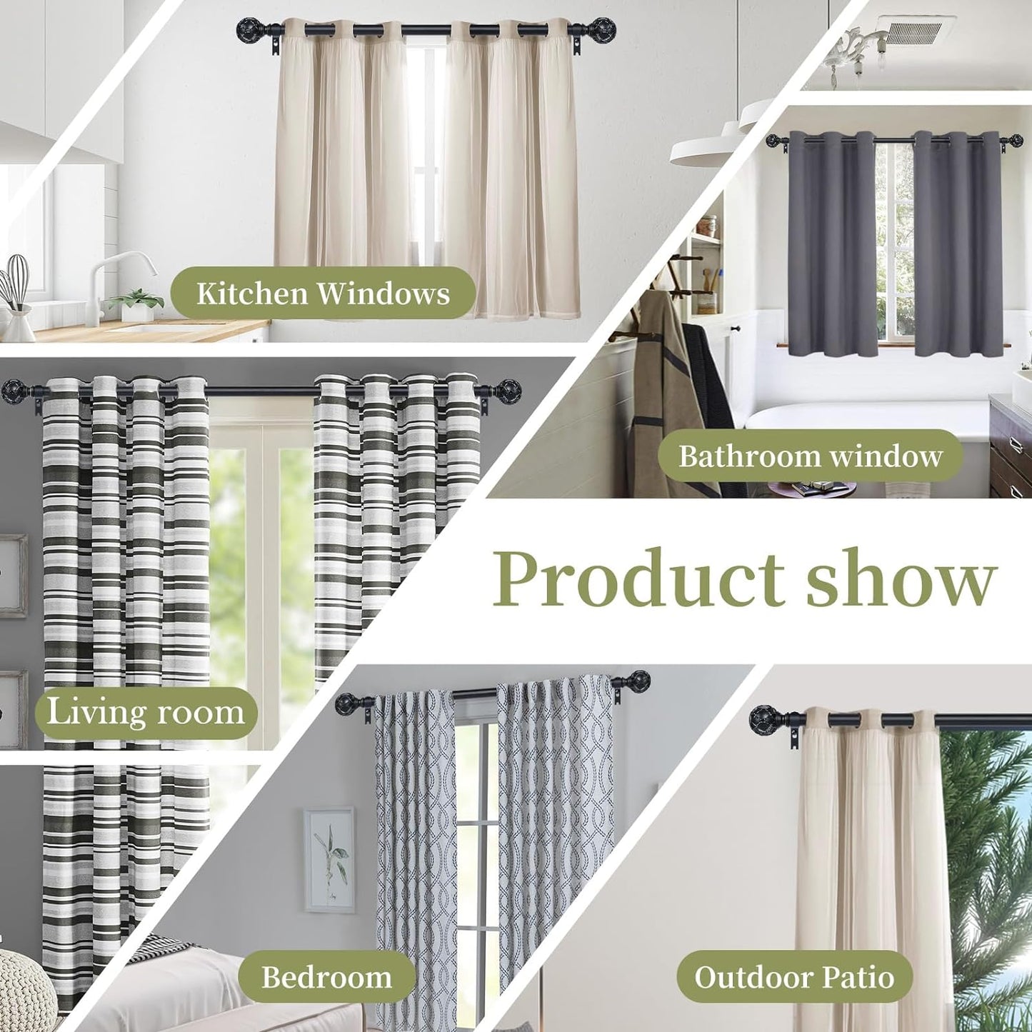 Black Adjustable Curtain Rods for Windows:18-60" Farmhouse Heavy Duty Curtain Rod for Bedroom Living Room,Boho Decorative Rustic Drapery Rods with Vintage Coastal Texture Finial,Matte Black