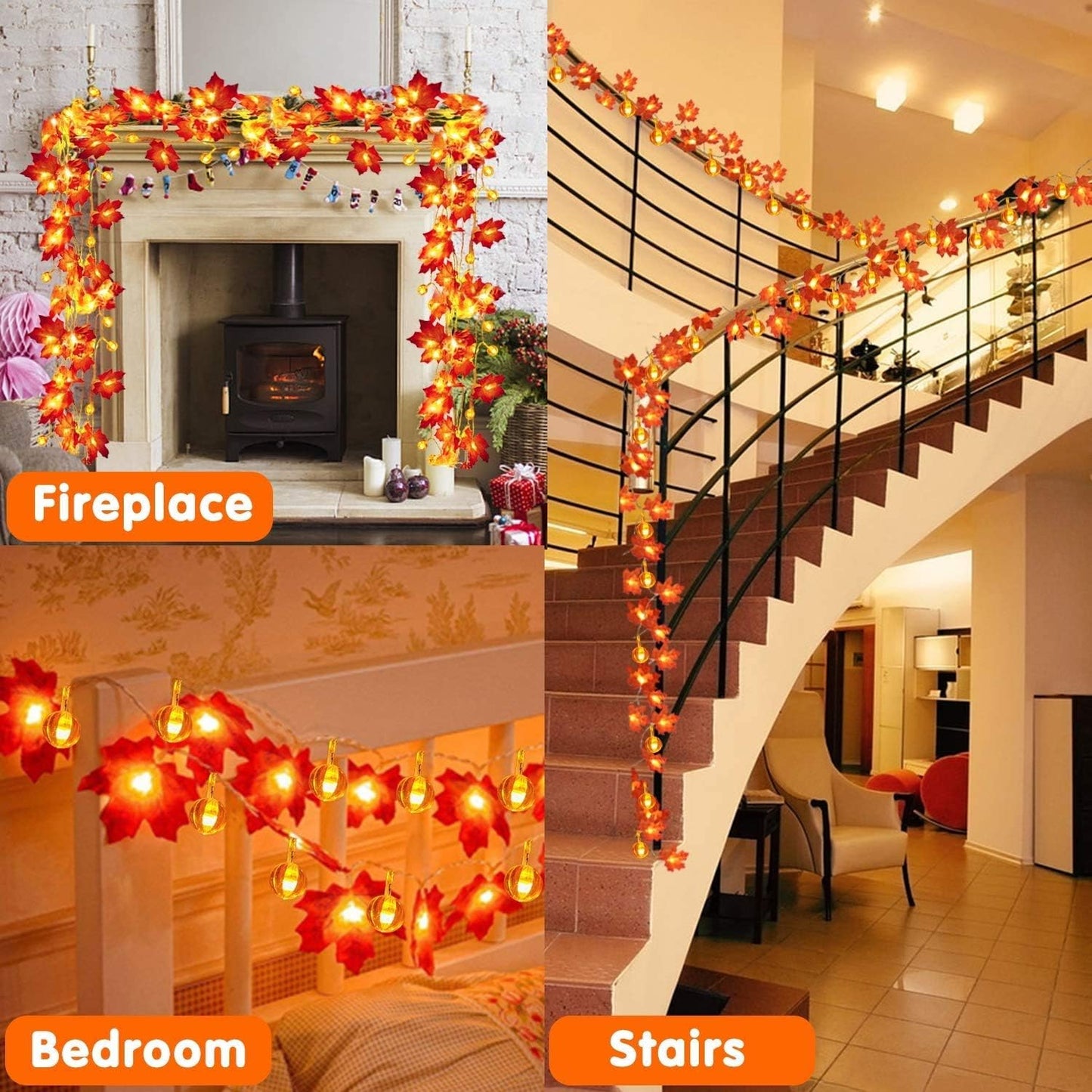 2 Pack Fall Garland with Pumpkin Lights Halloween Decorations Indoor 60 LED 20 Ft Enlarged Maples Leaves Fall Lights Battery Operated Halloween Garland Thanksgiving Decor Home Indoor Outdoor Christmas