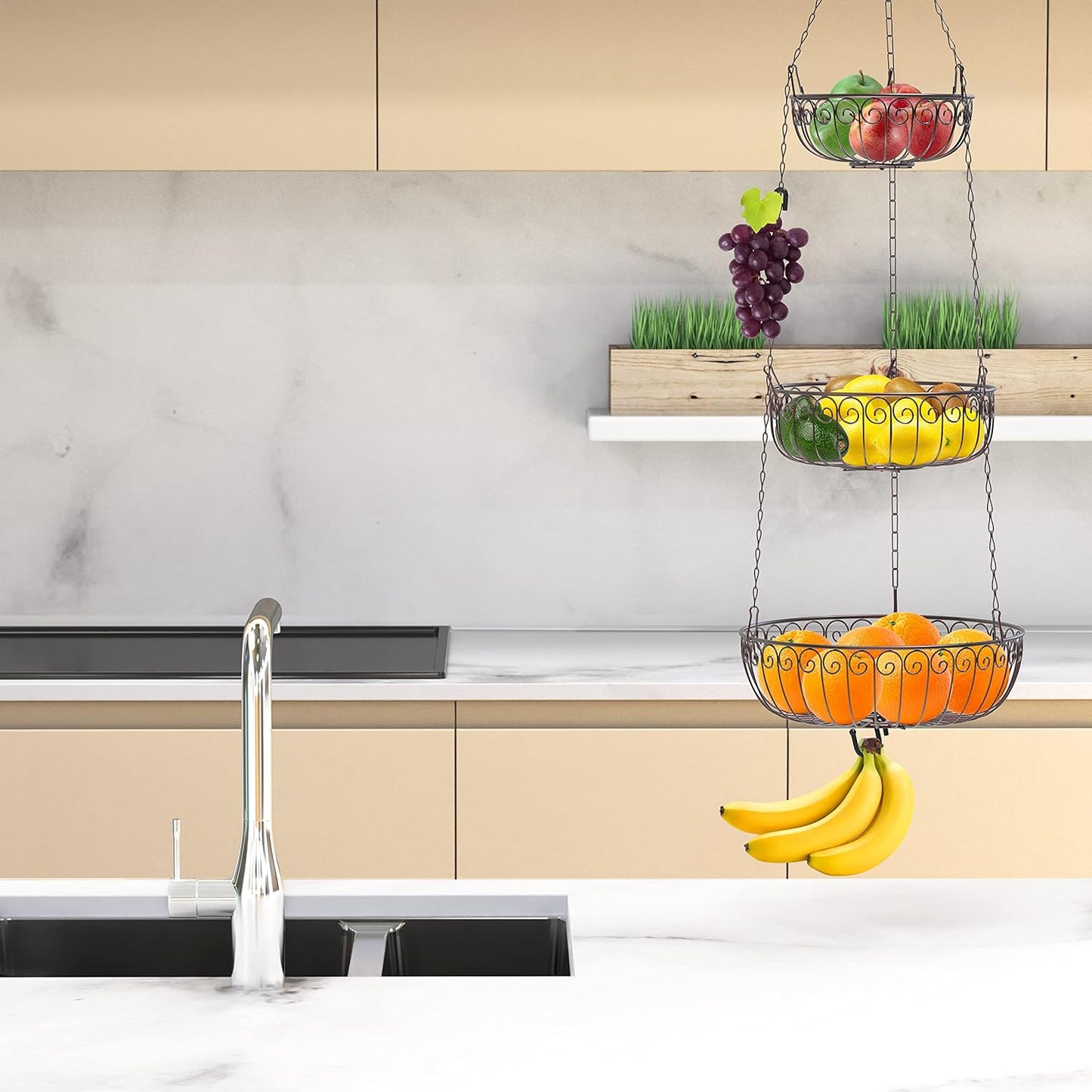 Simple Houseware 3-Tier Fruit Hanging Basket, Bronze