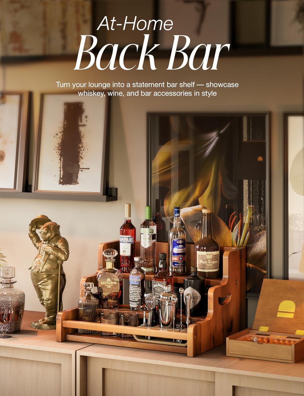 Tinamo Acacia Wood Liquor Bottle Display Shelf – 3-Tier Countertop Wine Rack, Bar Shelf – Whiskey Bar Stand for Home, Bottle Organizer for Countertop, Man Cave Decor – Wine Holder with Handles