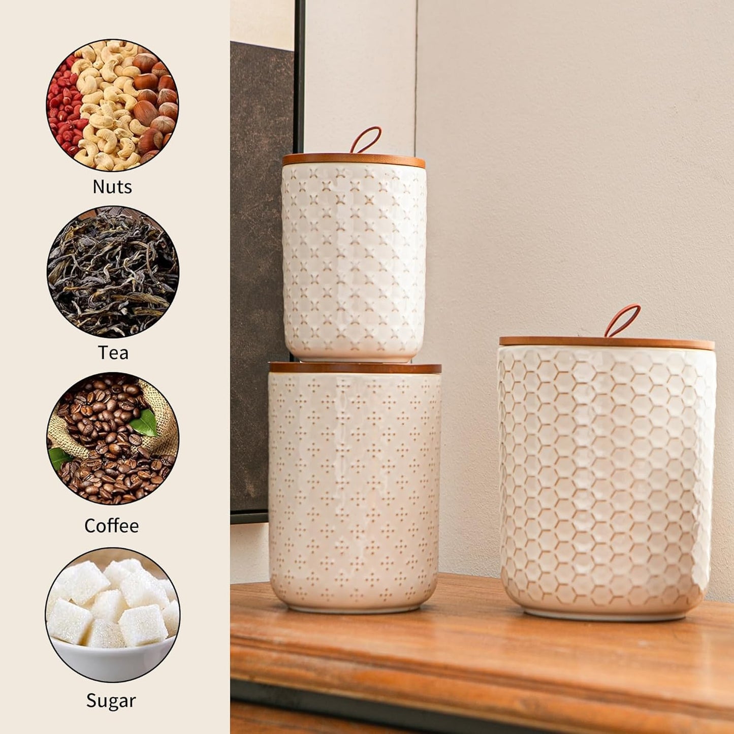 JOJUNO White Ceramic Canister Set with Wooden Lids – 3-Piece Airtight Food Storage Jars for Kitchen, Embossed Design, Small/Medium/Large Sizes (30/48/82 oz) – Flour, Sugar, Coffee, Tea Containers