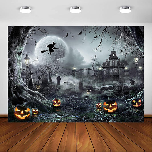 Avezano Halloween Photography Backdrop Full Moon Scary Night Castle Pumpkins Party Background Spooky Witch Bats Cemetery Child Kids Halloween Party Decorations Photoshoot Backdrops (8x6ft, Gray)