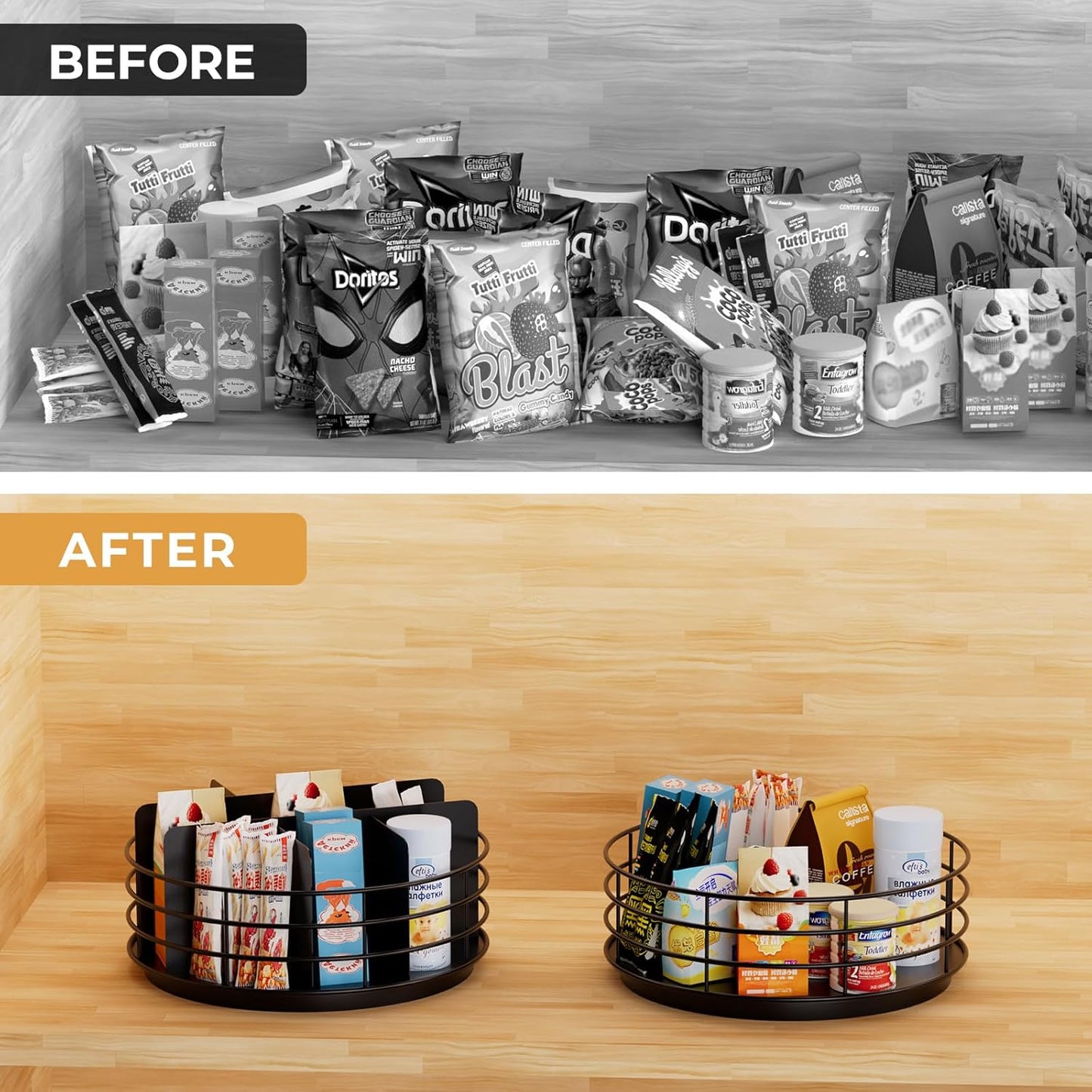 Snack Organizer - Versatile Snack Storage, Lazy Susan with Convenient Grab-and-Go Design, Metal Snack Holder for Home, Office, Breakroom, 10.85" L x 10.85" W x 5" H (Matte Black)