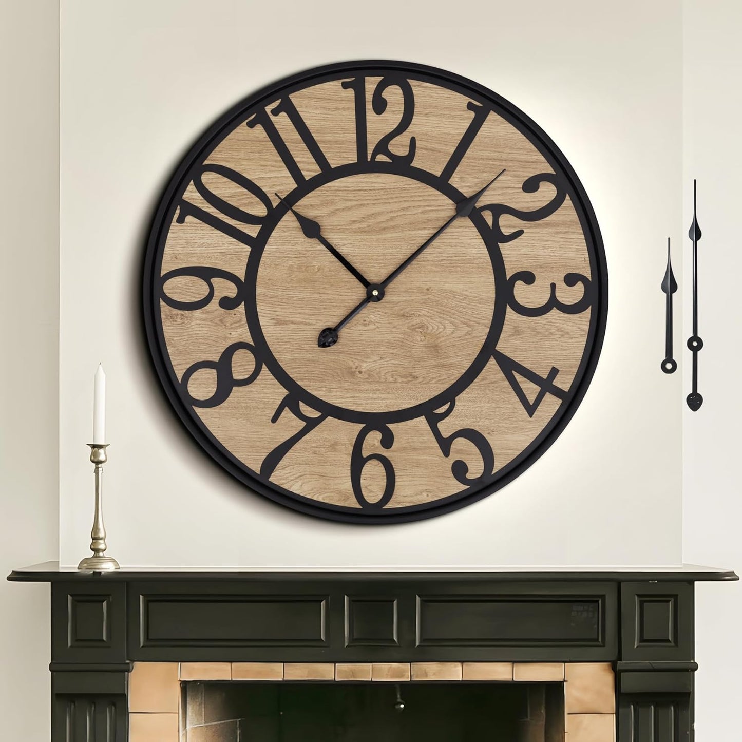 Large Wall Clock for Living Room Decor - Non-Ticking, Battery Operated Modern Vintage Wood Clock for Bedroom, Kitchen, Farmhouse, Office - Oversized Decorative Silent Clock