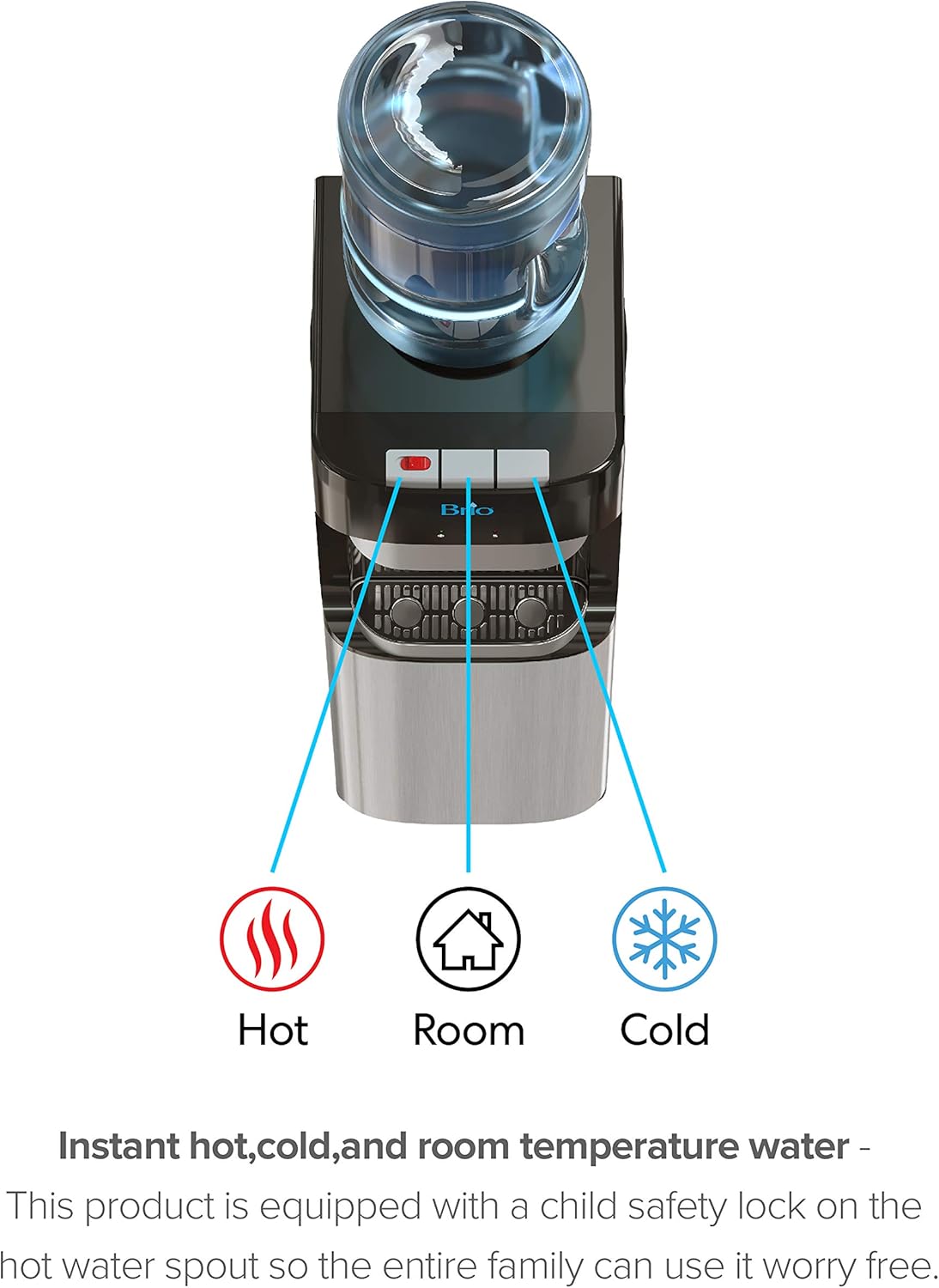 Brio Essential Series Top Loading Water Cooler Dispenser - Tri Temp Dispense, Child Safety Lock, Holds 3 or 5 Gallon Bottles - UL/Energy Star Approved