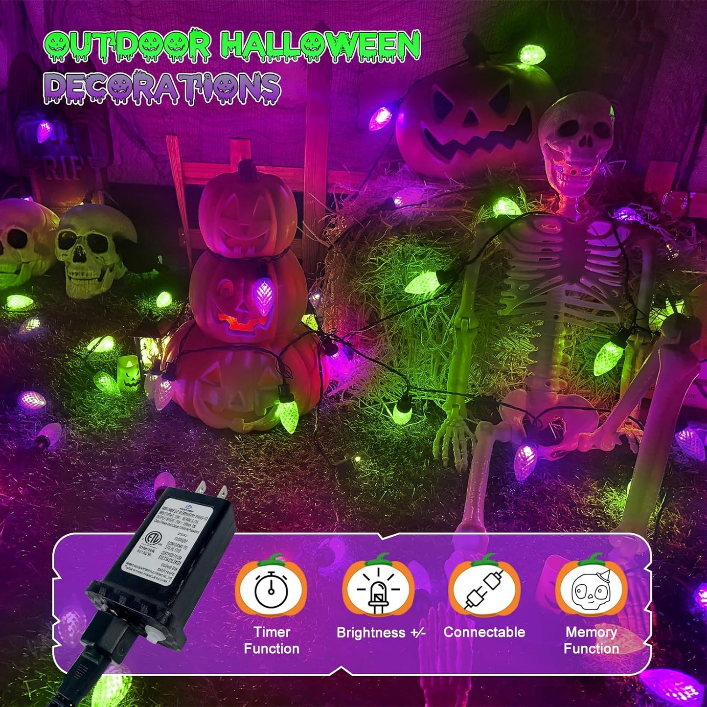 Extendable Purple and Green 2PK 100 LED C9 Halloween Lights Indoor Outdoor Waterproof, 98FT Super Bright C9 String Lights 13 Modes with Timer for Tree Patio Party Garden Halloween Decorations