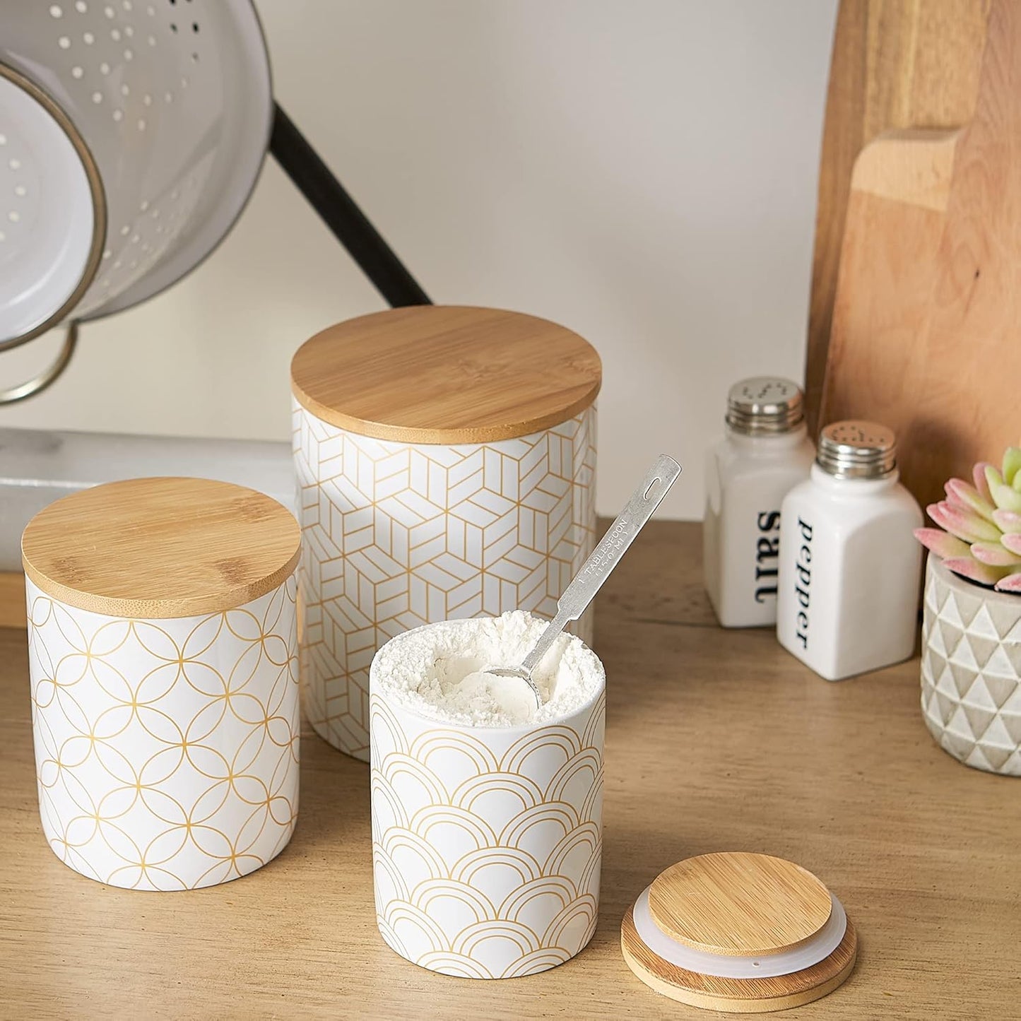 DII Kitchen Ceramics Collection, Canister Set, Mixed Print, White/Gold, 3 Piece