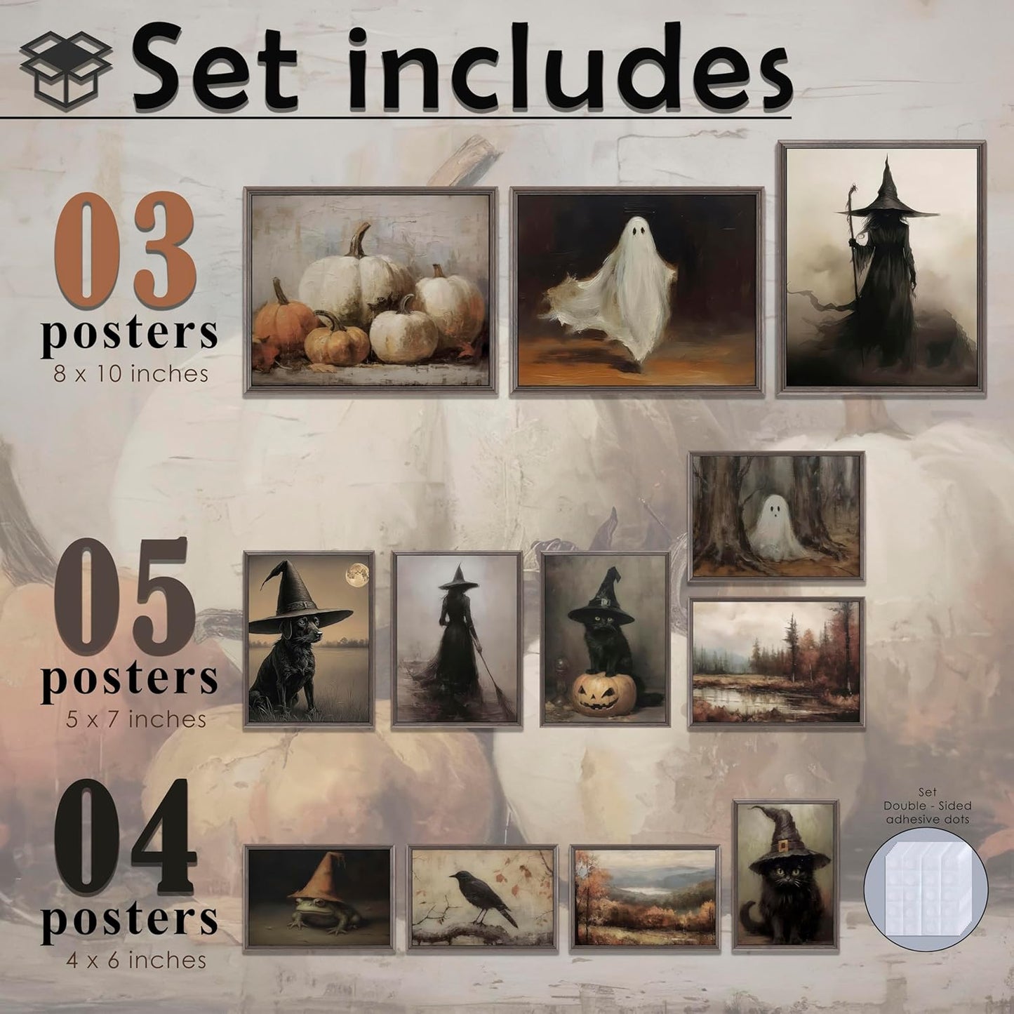 LANCHI95 12 Pcs Halloween Wall Art Prints, Vintage Witch Posters, Cute Ghost Pictures for Bedroom Decor (UNFRAMED)