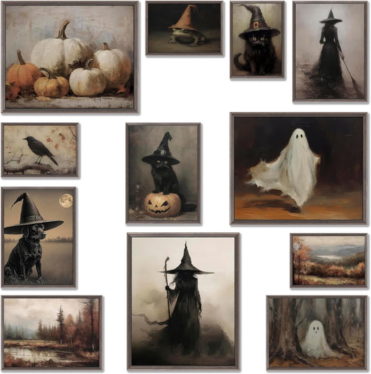 LANCHI95 12 Pcs Halloween Wall Art Prints, Vintage Witch Posters, Cute Ghost Pictures for Bedroom Decor (UNFRAMED)