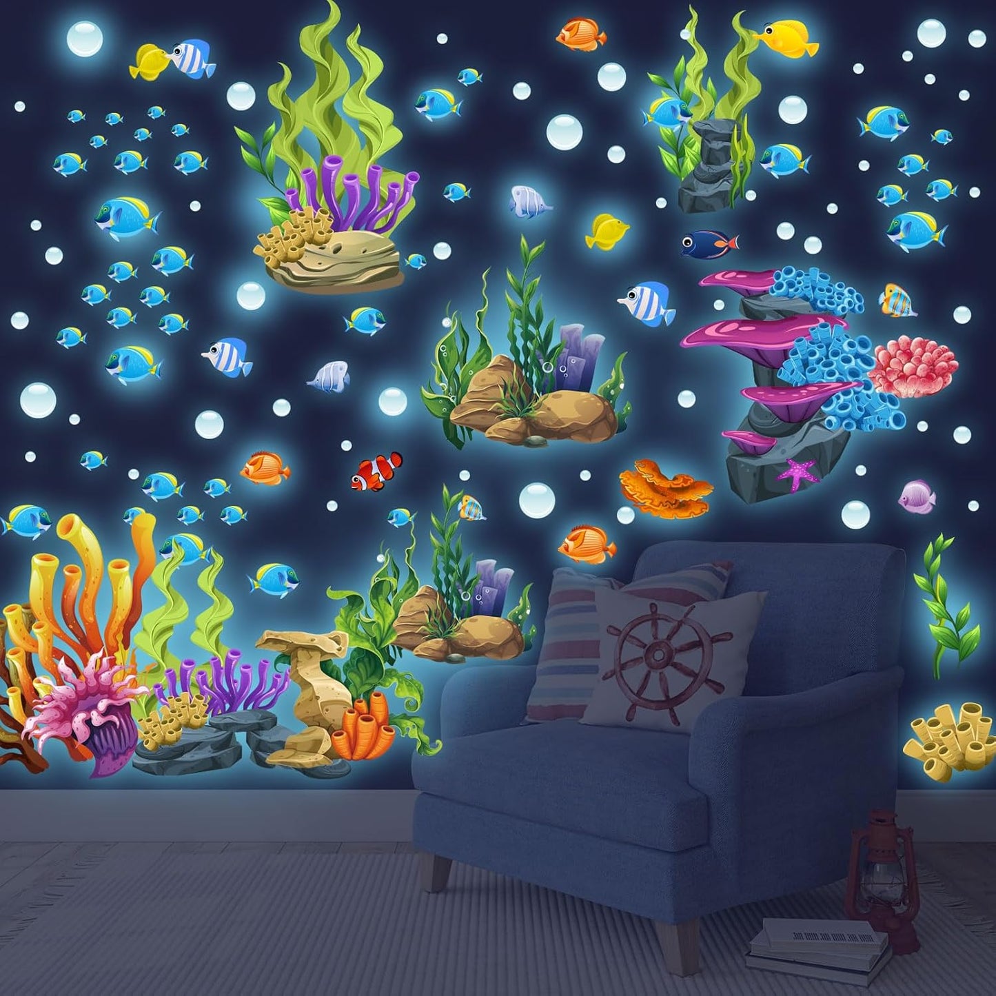 Glow in The Dark Under The Sea Wall Decals, Coral Reef and Seaweed Undersea Ocean Wall Stickers Luminous Removable Underwater Sea Wall Stickers for Kids Boys Bedroom Watercolor Ocean Creatures Decor