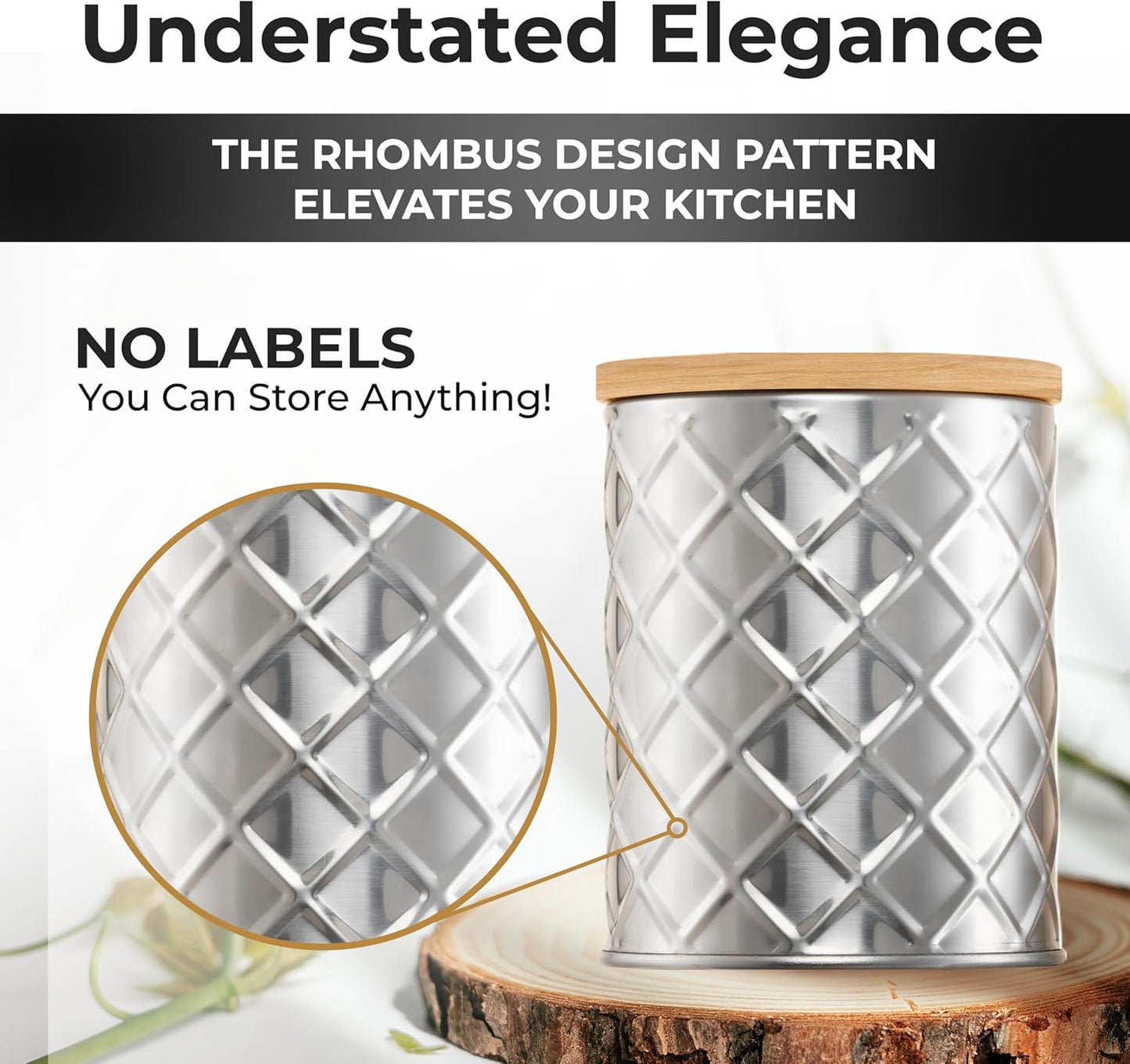 Pebble & Stem® Silver Stainless Steel Canister Set for Kitchen Counter, Food-Grade Canister Set of 4, Airtight Lids, Sugar and Flour Containers for Countertop, Coffee and Tea Storage, Farmhouse Decor