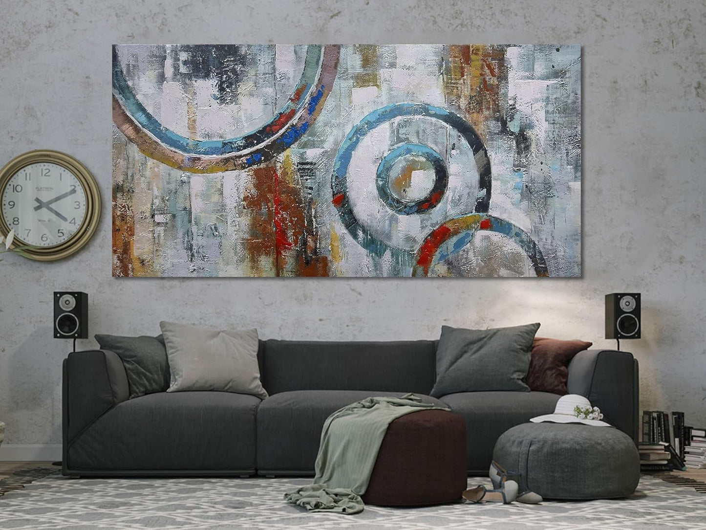 Arjun Abstract Wall Art Geometric Canvas Circle Block Painting Modern Grey Brown Picture Simple Textured Artwork Framed for Bedroom Living Room Home Office Wall Décor, Extra Large 58"x29"