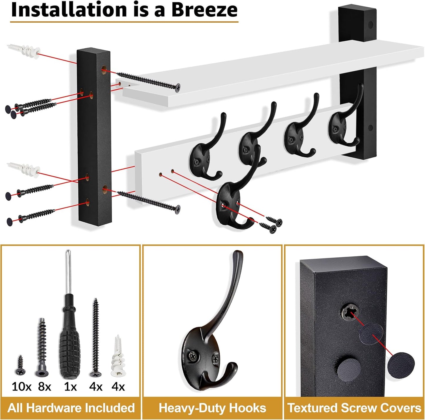 Sorbus Coat Hooks Wall Mount with Shelf – 24 Inch Coat Rack Wall Mount with 5 Heavy Duty Hooks – Floating Wall Shelf with Hooks for Entryway, Bathroom, Bedroom, Kitchen, or Mudroom (White)