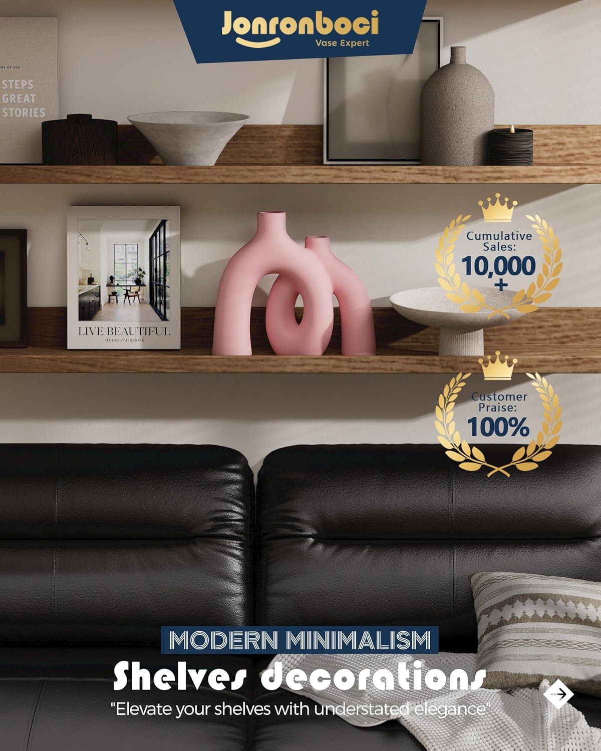 Hug Donut Decorative Vase Set - Light Pink Modern Glam Eclectic Style Vases Home Decor, Matte Ceramic Decorations for Living Room Shelf, Bookshelf Mantle Entryway Table or Console Décor(Pink)