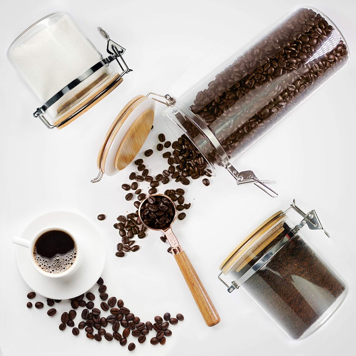 Urban Green Borosilicate Glass Storage Jars with Airtight Locking Clamp Lids, Airtight Canister Set，Coffee Set of 3 with Spoon (50oz, 24oz, 18oz), Storage Containers with Bamboo Lid