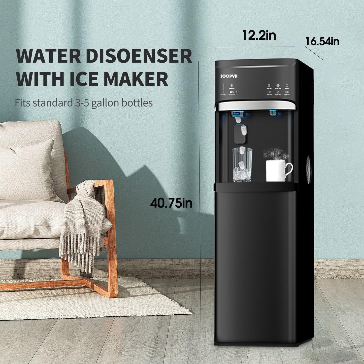 Self Cleaning Hot and Cold Bottom Load Water Cooler Dispenser with Ice Maker for 5 Gallon 3 Temperature Settings 22lbs Daily Capacity Black