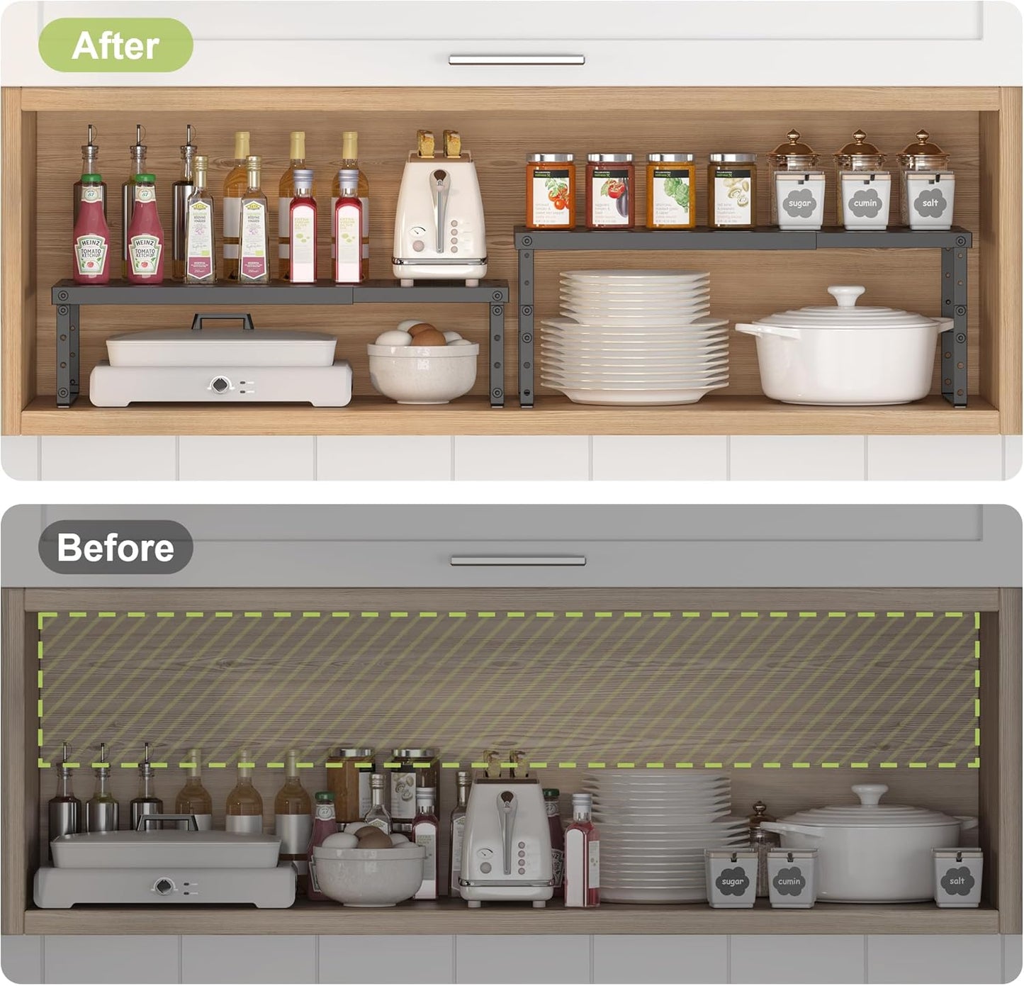 Expandable Cabinet Organizer Shelf With Adjustable Height, Stackable Kitchen Countertop Organizer Rack, Adjustable Shelf Riser For Kitchen Counter, Pantry, Cupboard, Desk, Tabletop