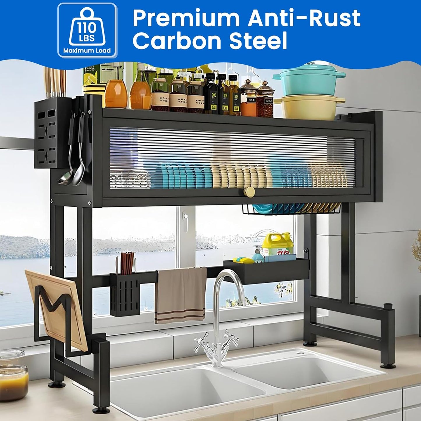 Dish Drying Rack, 3-Tier Over Sink Dish Drying Rack, 33.5" Over Sink Dish Rack for Small Kitchen, Space-Saving Dish Rack with Cover, Baskets, Utensil, Large Sink Storage Organizer Black