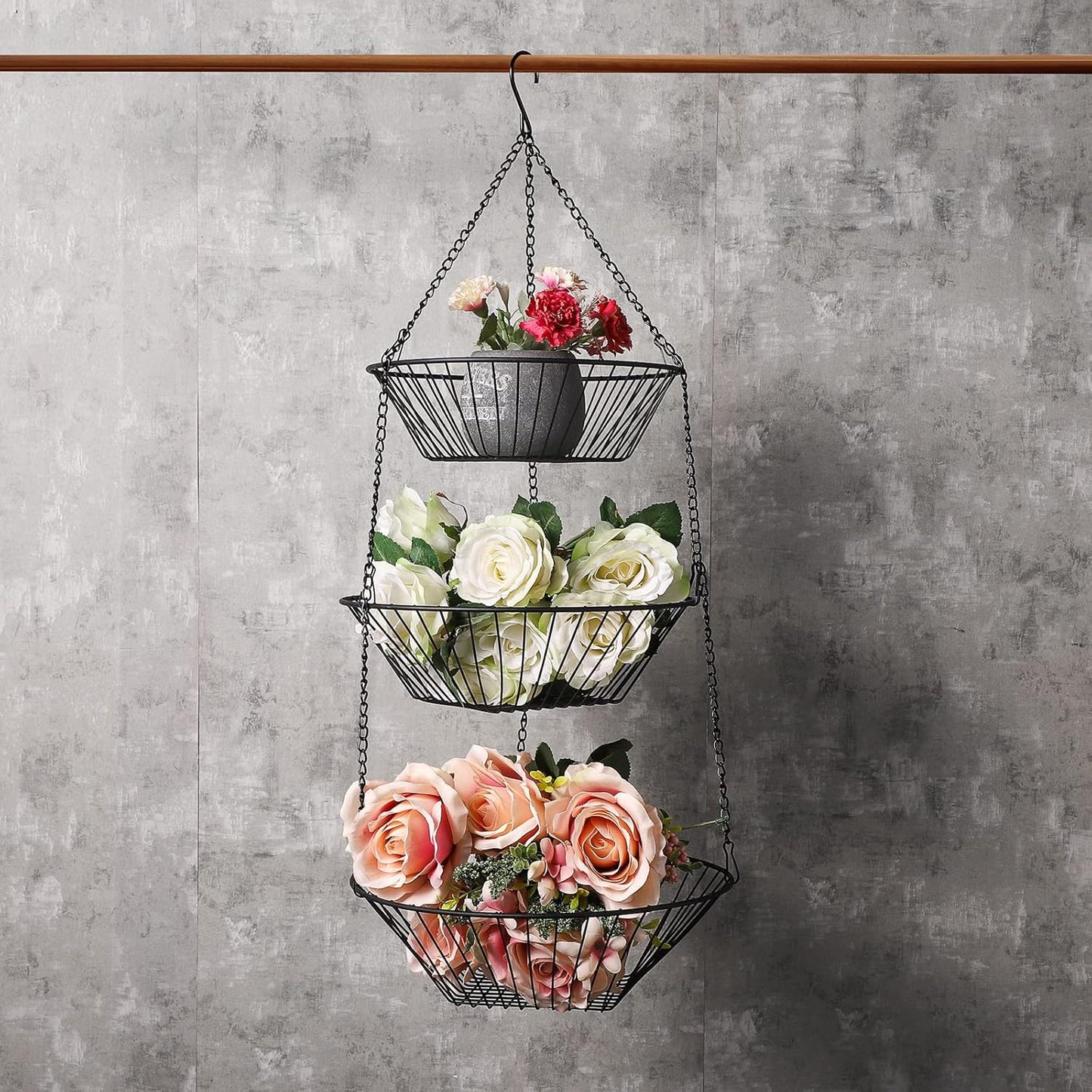 3-Tier Wire Fruit Hanging Basket 2 Packs,non-Punching Wall Hanging Storage,Kitchen Bathroom Organization Basket,Suitable for Bathroom,Kitchen,Closet,Garden,Black