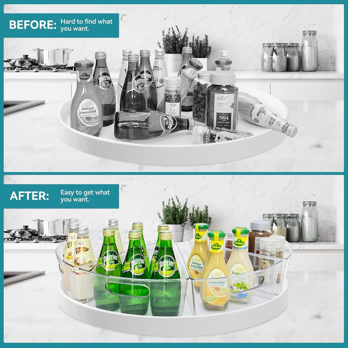 Oubonun Lazy Susan Organizers Set of 8, 12.8’’ x 11.7’’ x 4’’ Plastic Transparent Kitchen Cabinet Storage Bins with Handle, 4" Deep Container, 1/8 Wedge - Food Safe, without BPA