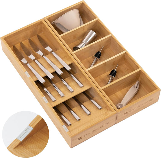 Premium Silverware and Utensil Drawer Organizers – Slanted 3-Compartment and 5-Compartment Design, Labeled Slots, Non-Slip Feet, 100% Sustainable Bamboo, 2 Pack